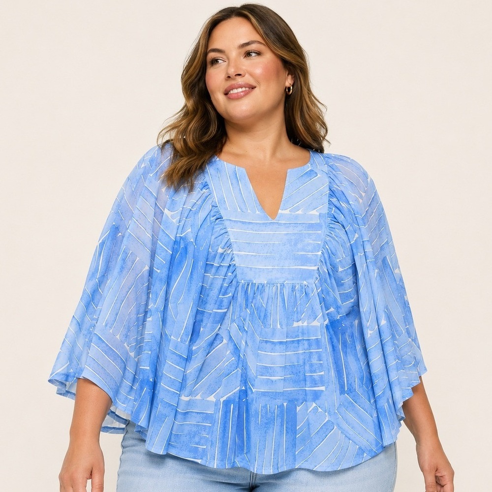 Lane‎ Bryant Women Blue Abstract Print Dolman Sleeve V-Neck Tunic Top 14/16